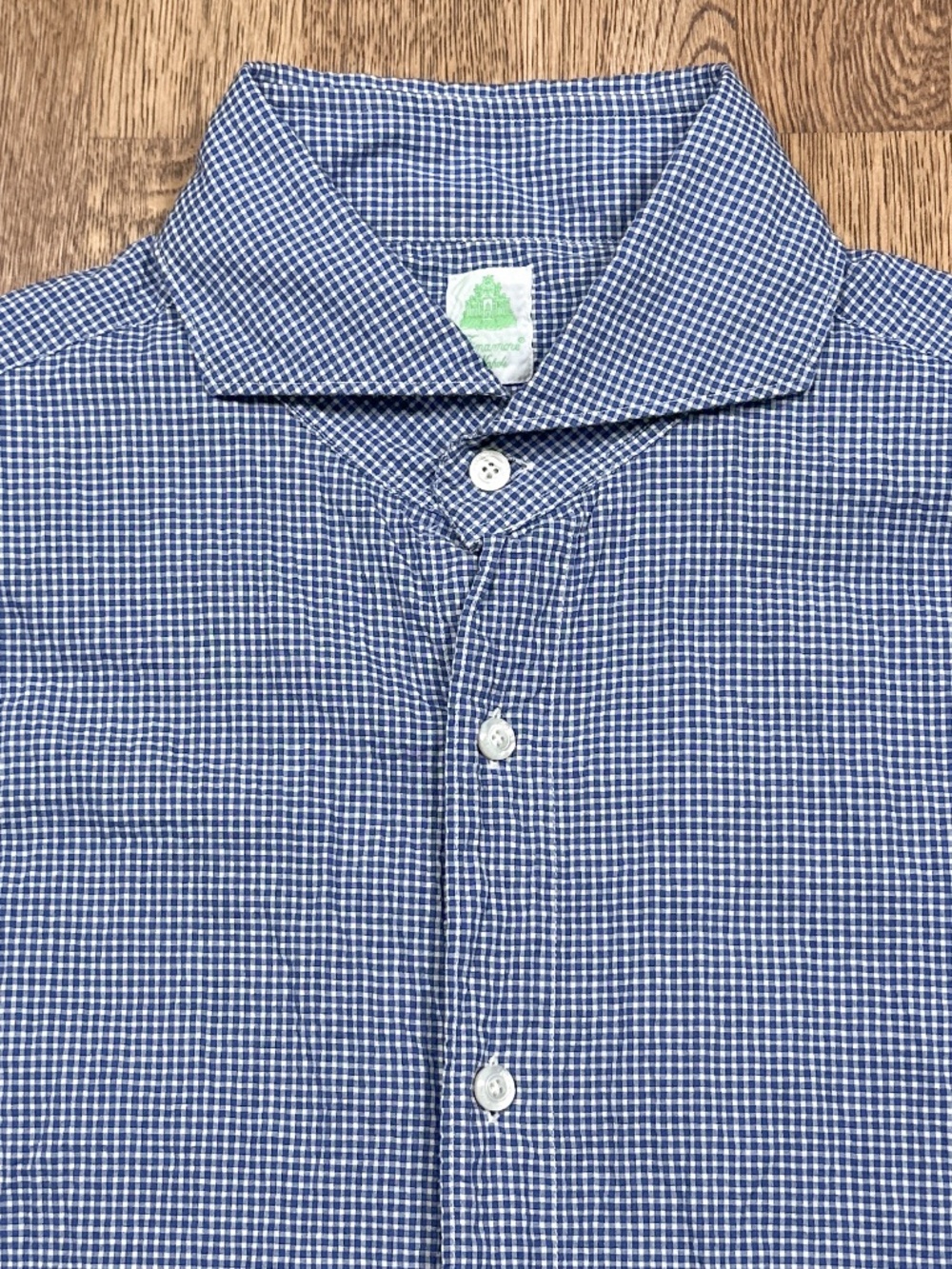 Finamore Napoli Crinkled Blue White Check L/S Button Shirt Mens 17.5 44